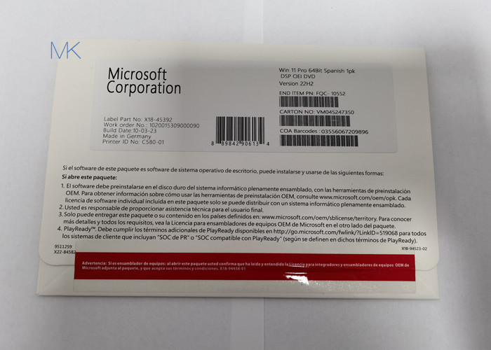 เวอร์ชัน 22H2 Microsoft Windows 11 Professional Dvd Full Package พร้อมข้อมูลการติดตั้งภาษาสเปน