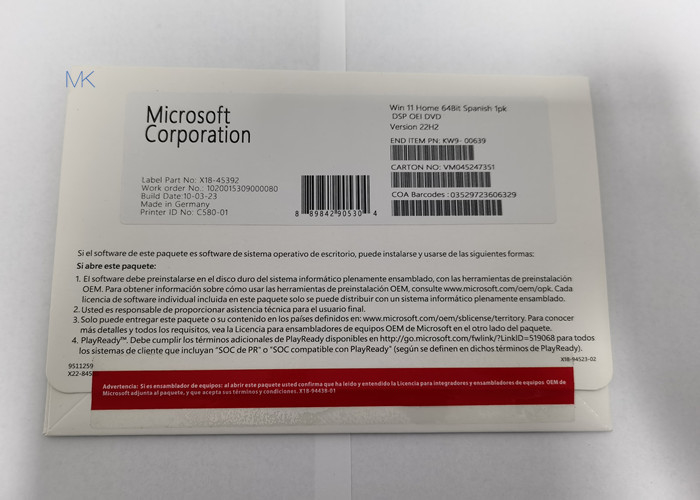 Spanish Microsoft Windows 11 Home OEM DVD Physical Box DirectX 9 หรือใหม่กว่าพร้อมไดรเวอร์ WDDM 1.0